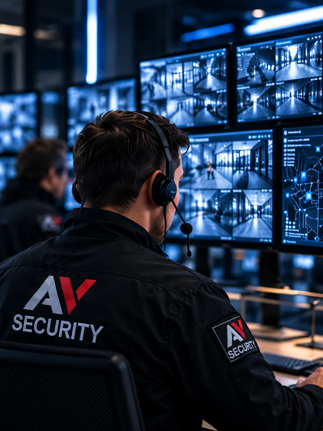 Оператор пульта AV-Security у мониторов видеонаблюдения