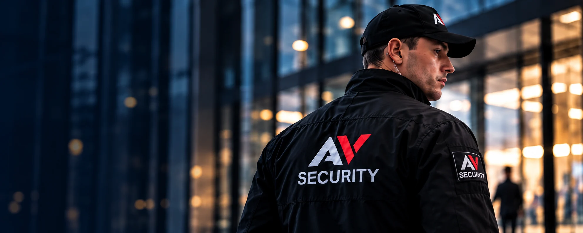 Сотрудник охраны AV-Security на посту у входа в бизнес-центр