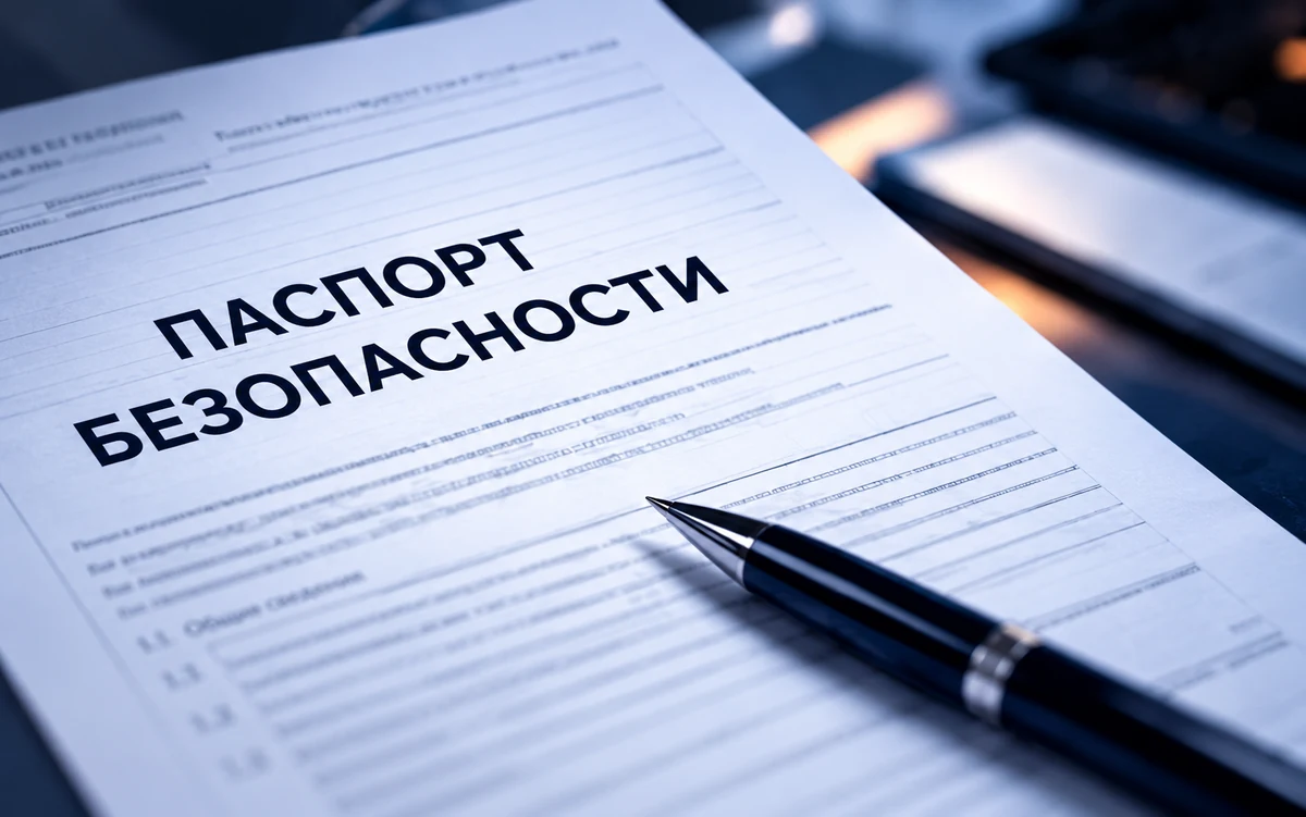 Документ «Паспорт безопасности» и ручка на столе