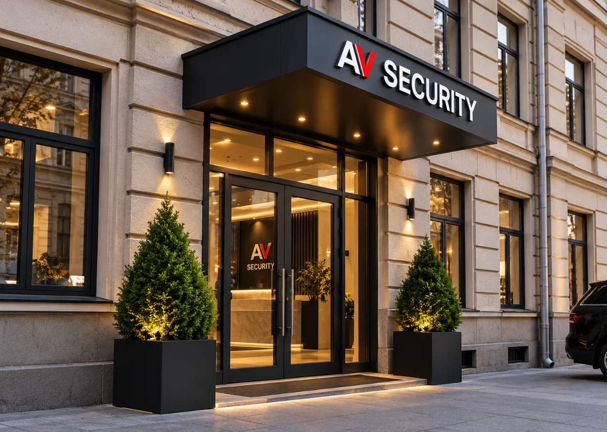 Вход в офис AV-Security с вывеской над входом