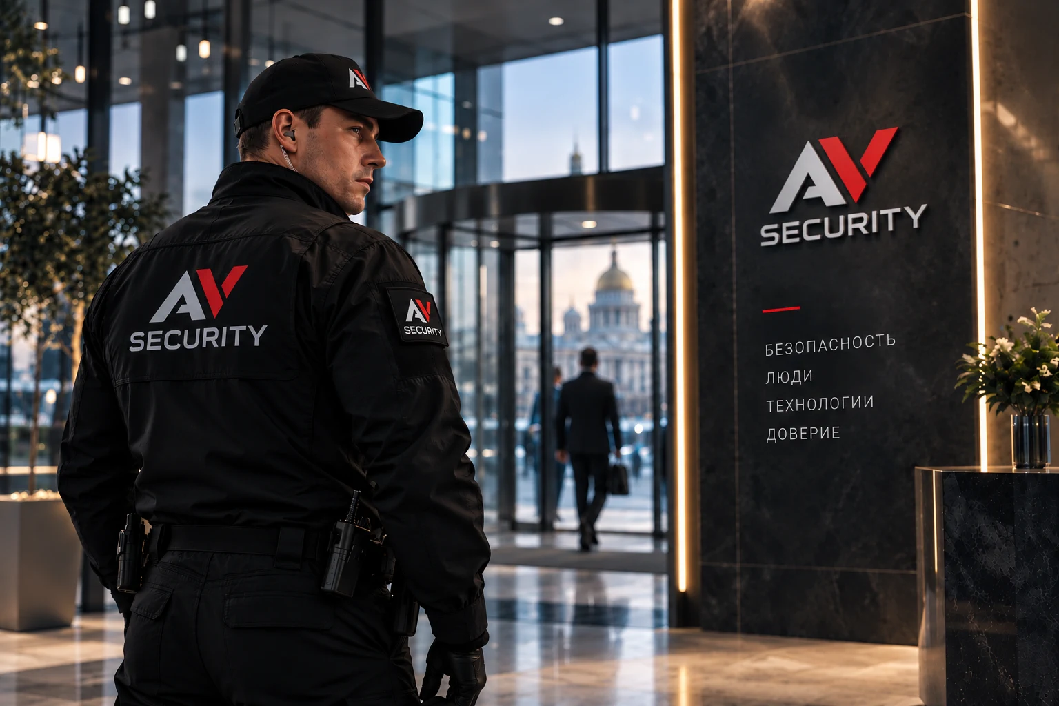 Сотрудник охраны AV-Security в форме у входа в лобби бизнес-центра