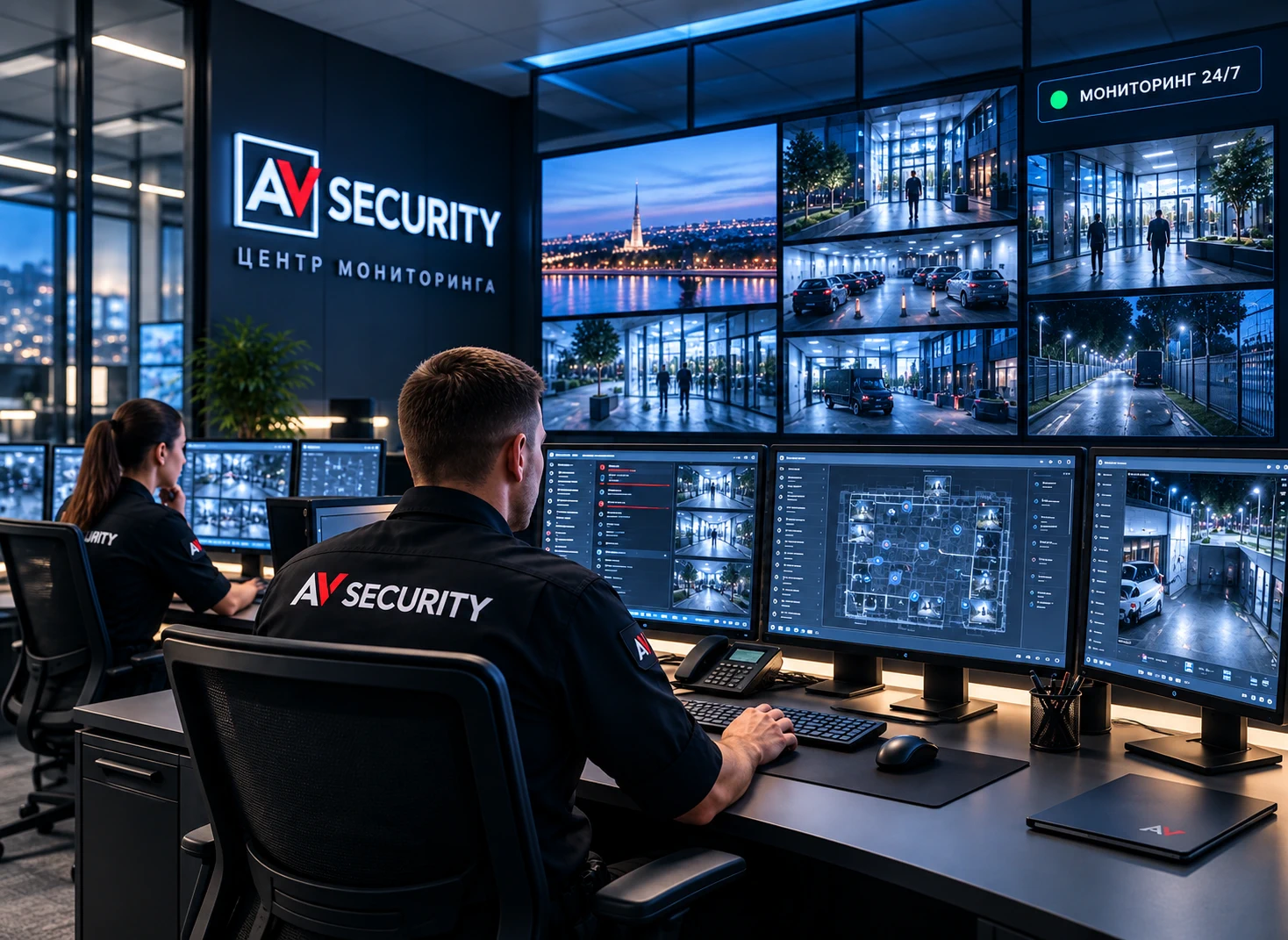 Операторы в центре мониторинга AV-Security следят за изображениями с камер на видеостене