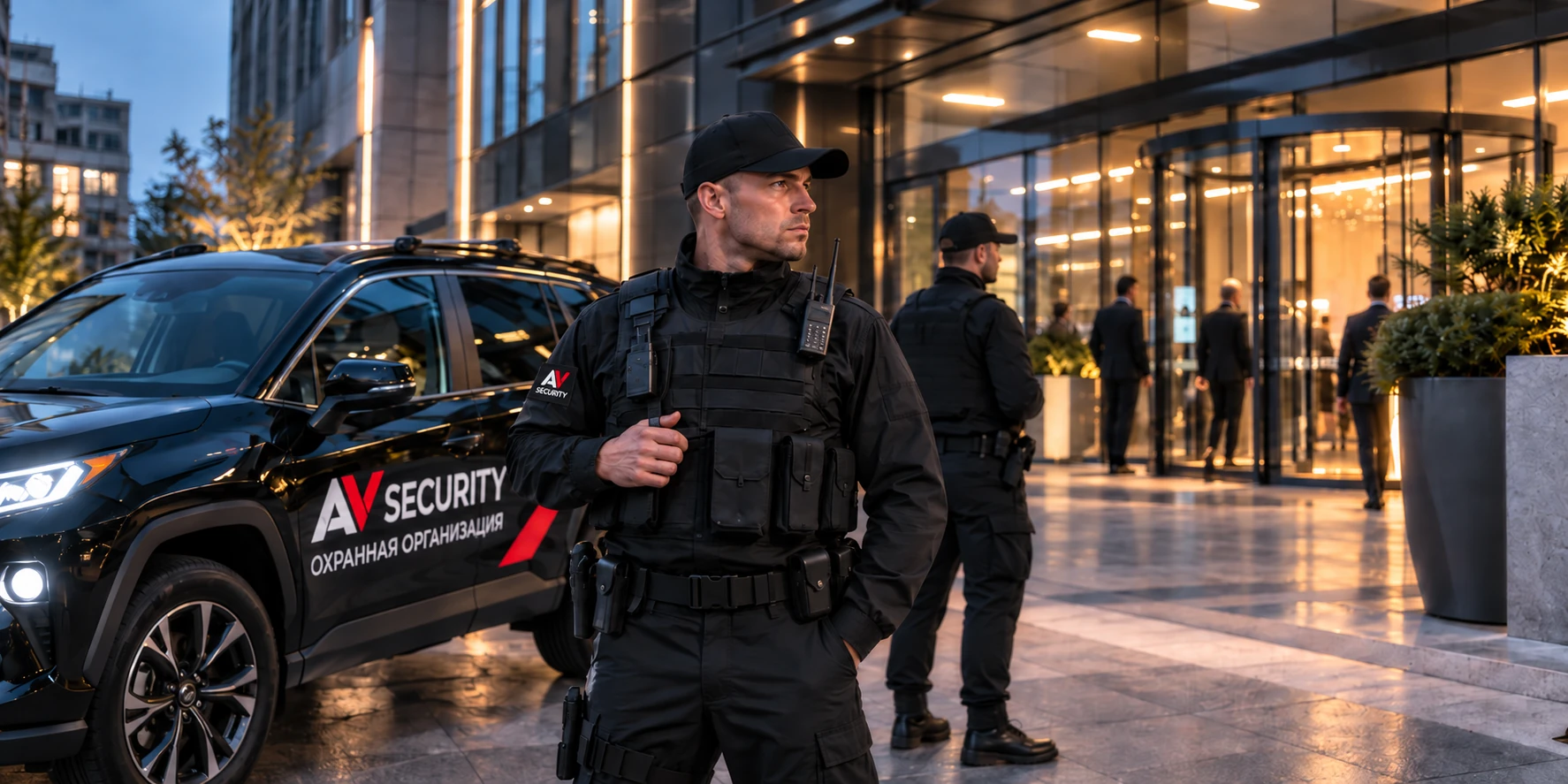 Сотрудники охраны AV-Security у входа в бизнес-центр и служебный автомобиль