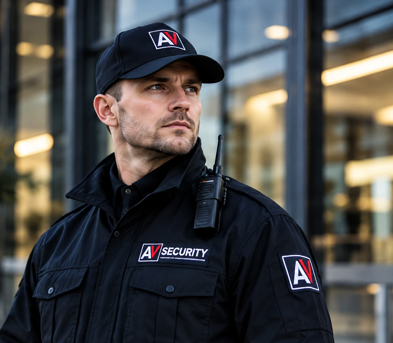 Охранник AV-Security на посту у входа в бизнес-центр
