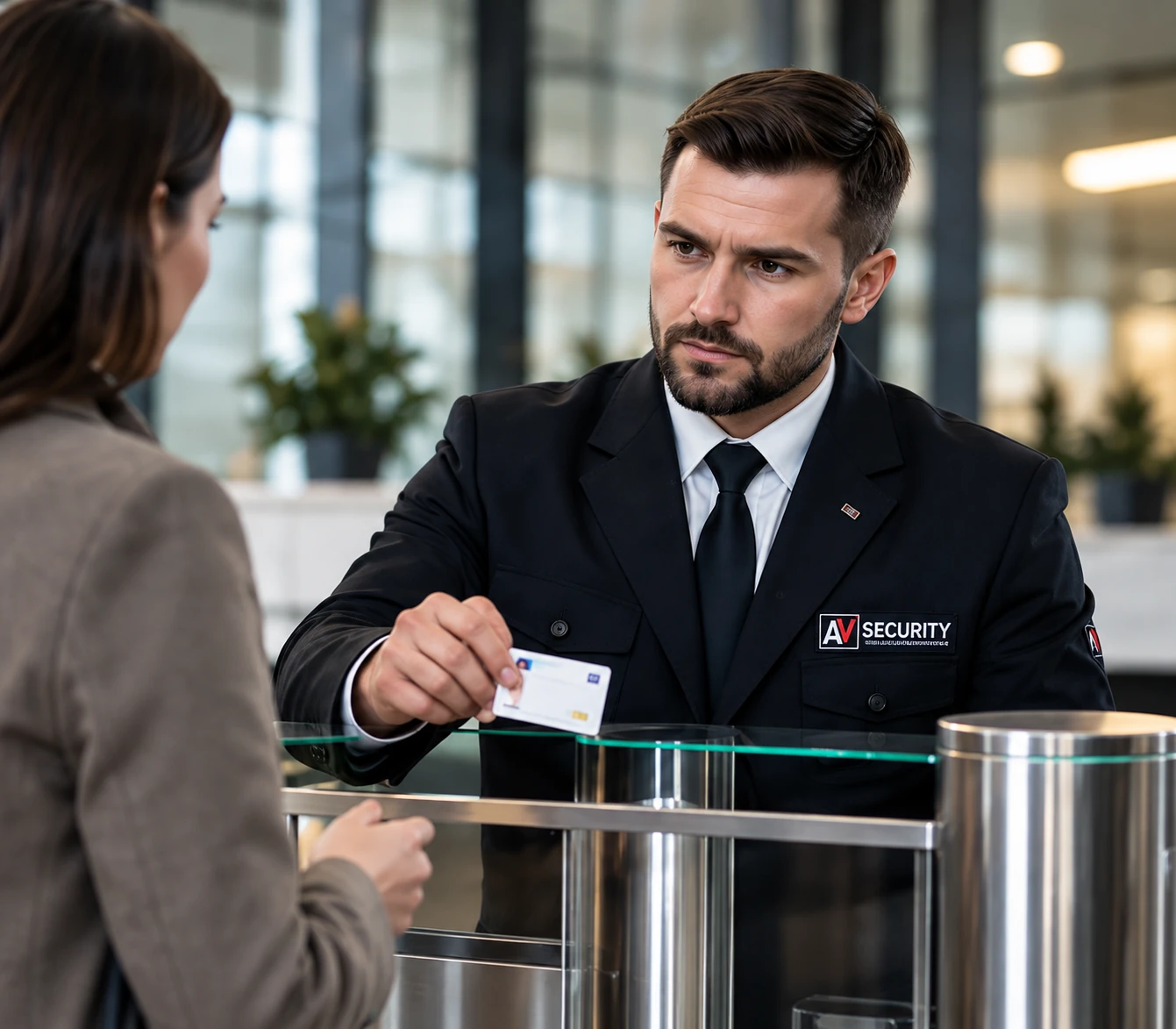 Охранник AV-Security проверяет пропуск посетителя у турникета