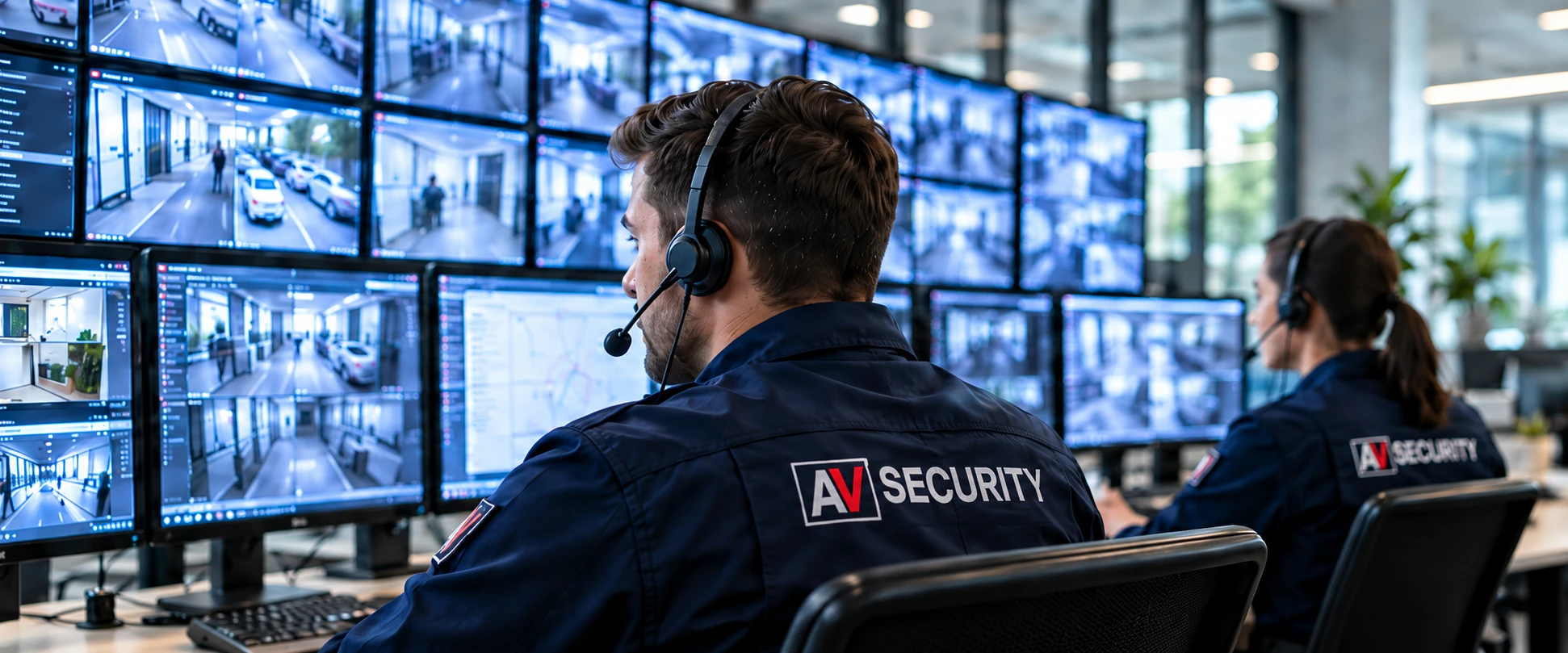 Операторы пульта AV-Security у стены мониторов видеонаблюдения